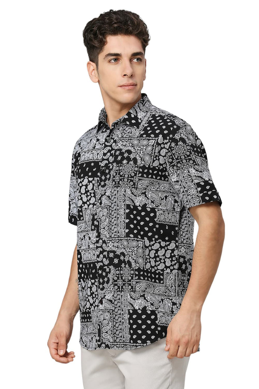 BASICS SLIM FIT ANTHRACITE BLACK COTTON VISCOSE TWILL PRINTED HALFSLEEVES SHIRT