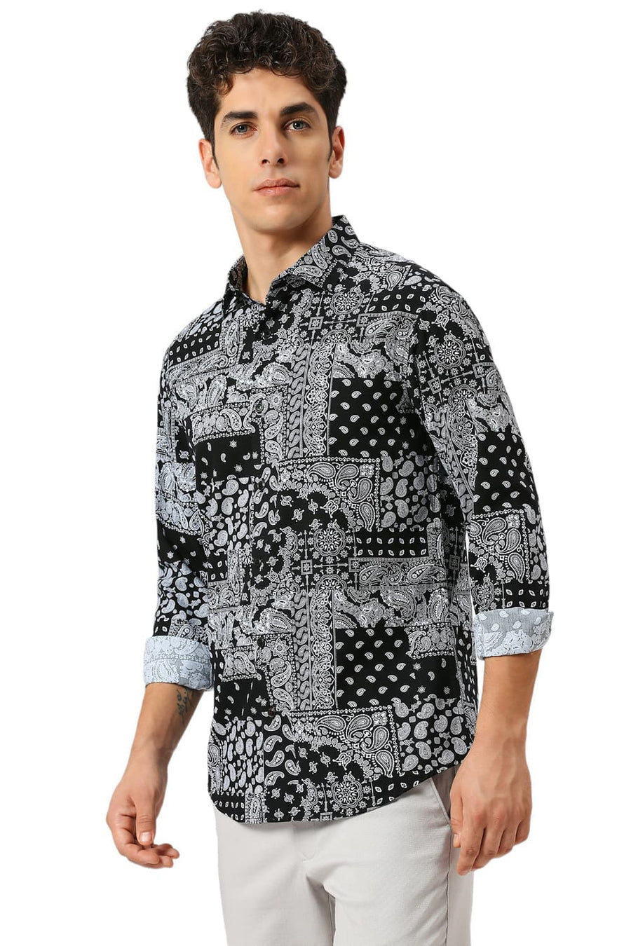 BASICS SLIM FIT ANTHRACITE BLACK COTTON VISCOSE TWILL PRINTED SHIRT
