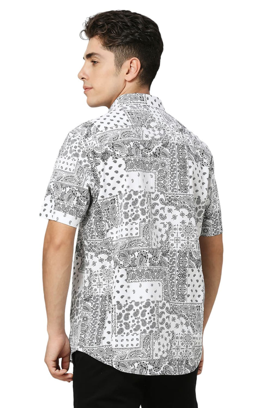 BASICS SLIM FIT WHITE CLOUD COTTON VISCOSE TWILL PRINTED HALFSLEEVES SHIRT
