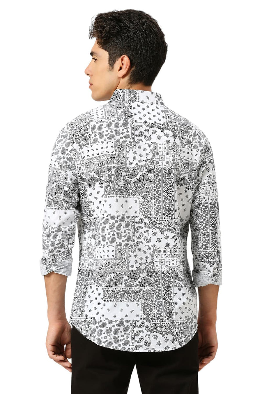 BASICS SLIM FIT WHITE CLOUD COTTON VISCOSE TWILL PRINTED SHIRT