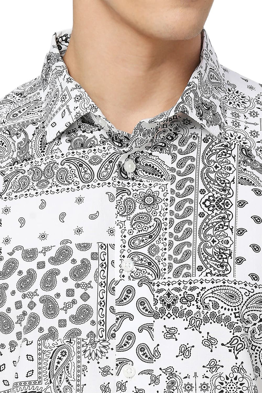 BASICS SLIM FIT WHITE CLOUD COTTON VISCOSE TWILL PRINTED HALFSLEEVES SHIRT
