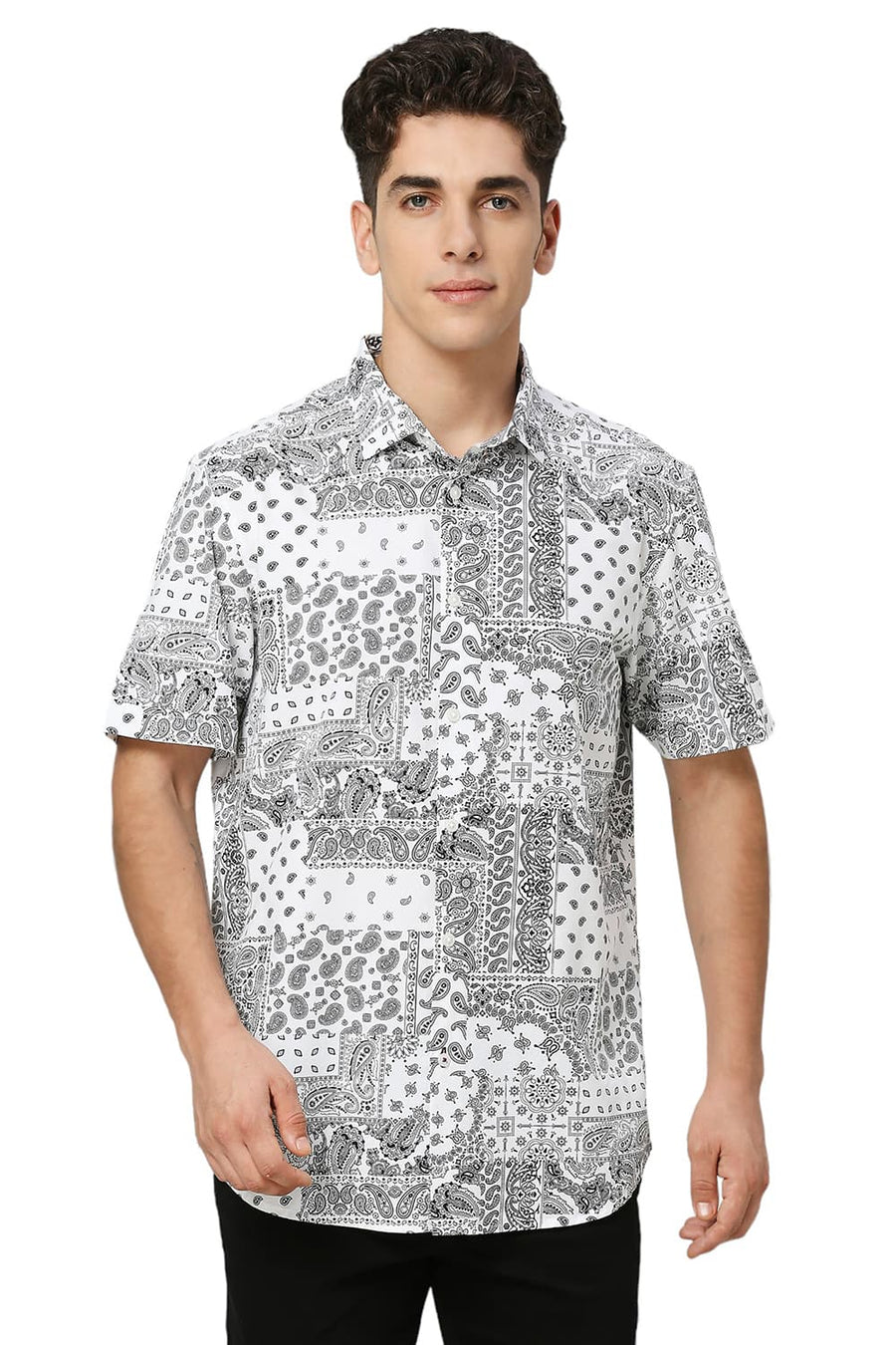 BASICS SLIM FIT WHITE CLOUD COTTON VISCOSE TWILL PRINTED HALFSLEEVES SHIRT