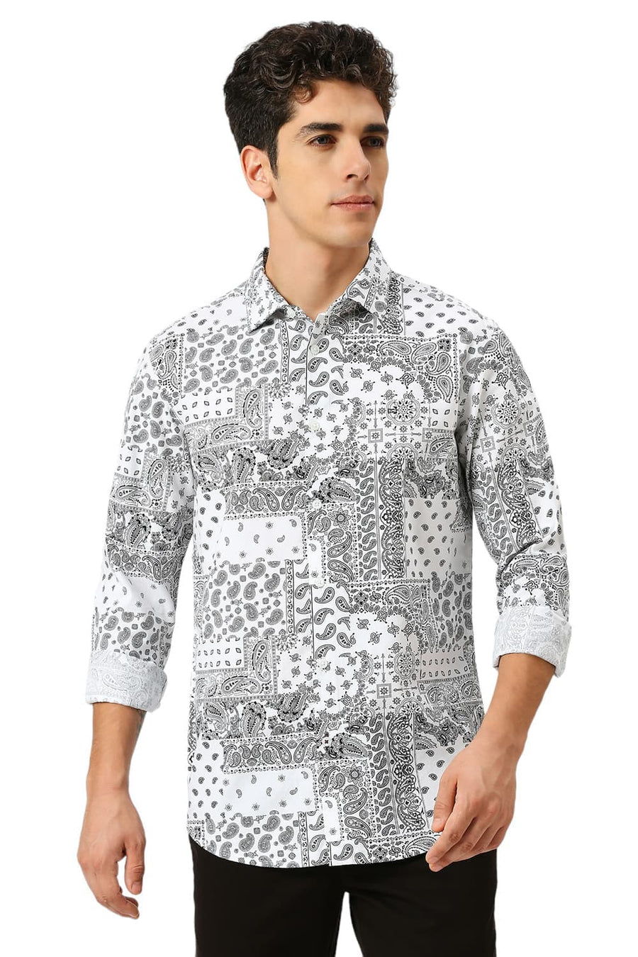 BASICS SLIM FIT WHITE CLOUD COTTON VISCOSE TWILL PRINTED SHIRT