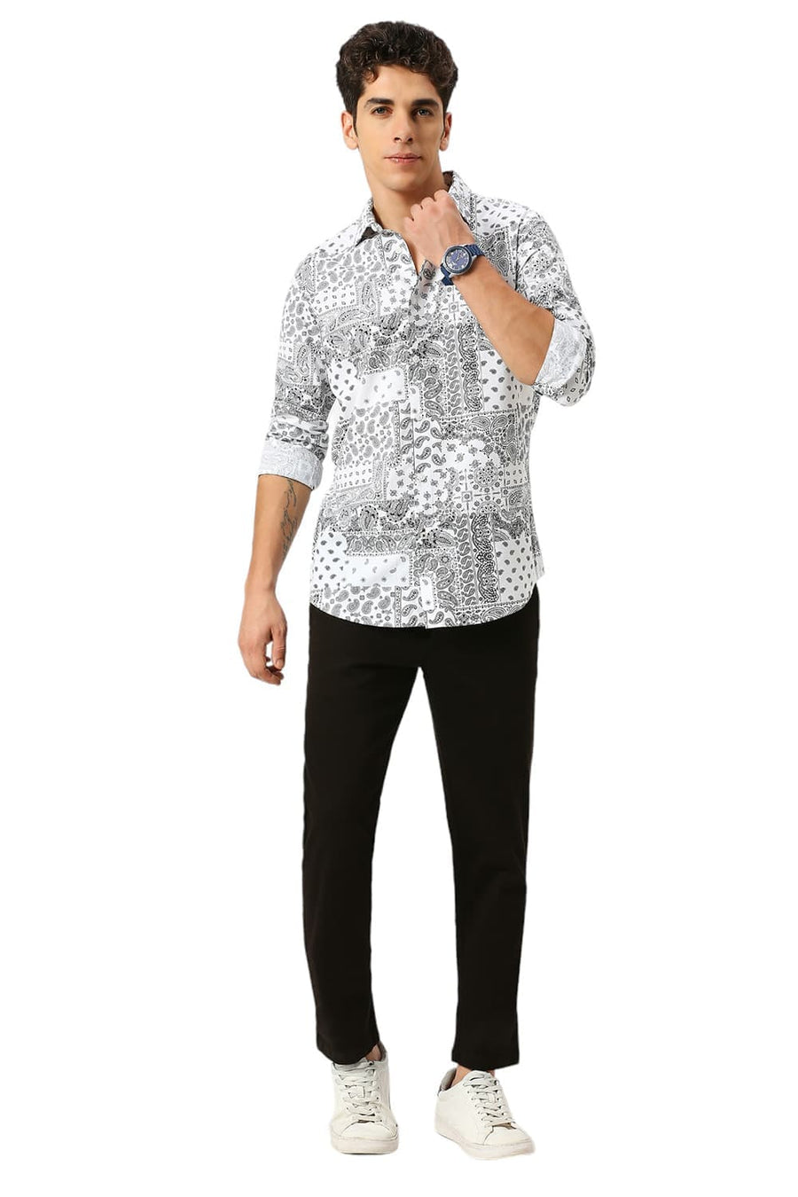 BASICS SLIM FIT WHITE CLOUD COTTON VISCOSE TWILL PRINTED SHIRT