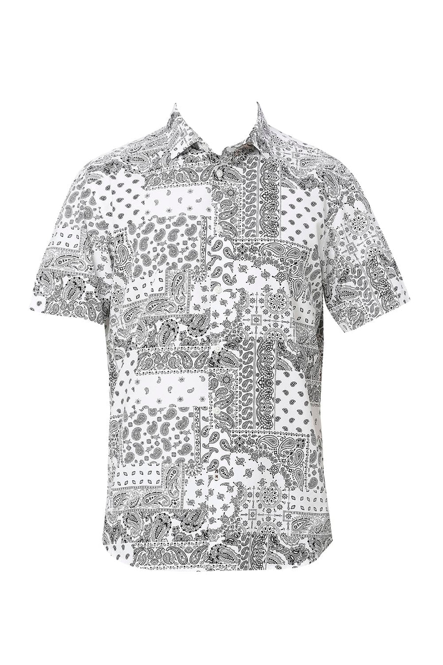 BASICS SLIM FIT WHITE CLOUD COTTON VISCOSE TWILL PRINTED HALFSLEEVES SHIRT