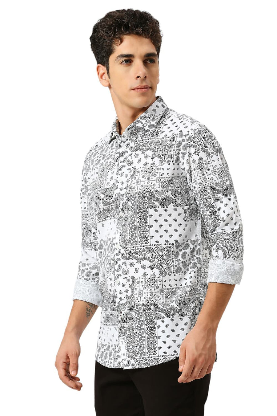 BASICS SLIM FIT WHITE CLOUD COTTON VISCOSE TWILL PRINTED SHIRT