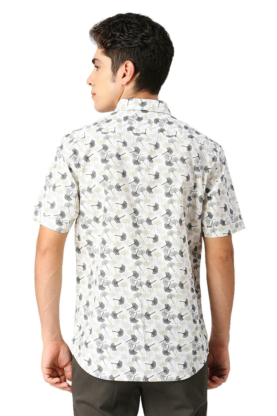 BASICS SLIM FIT ARCTIC BEIGE COTTON SLUB PRINTED HALFSLEEVES SHIRT