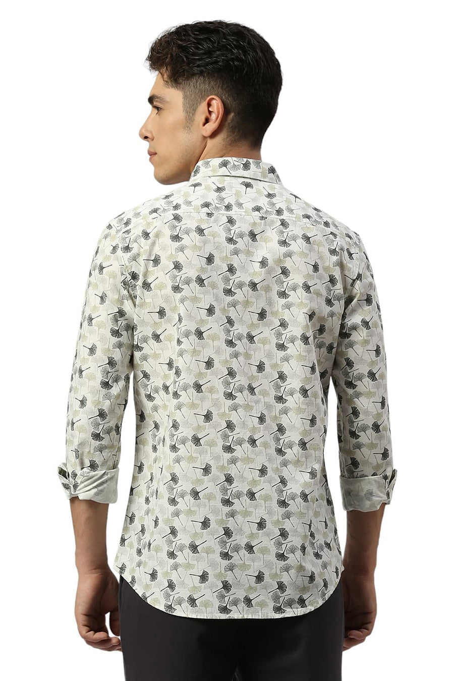 BASICS SLIM FIT ARCTIC BEIGE COTTON SLUB PRINTED SHIRT