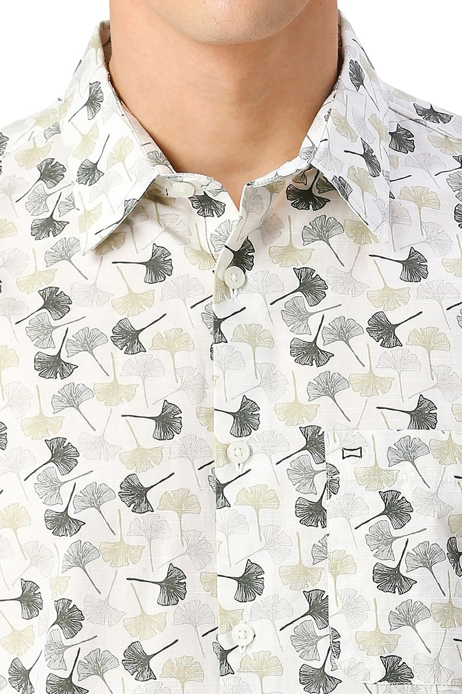 BASICS SLIM FIT ARCTIC BEIGE COTTON SLUB PRINTED HALFSLEEVES SHIRT