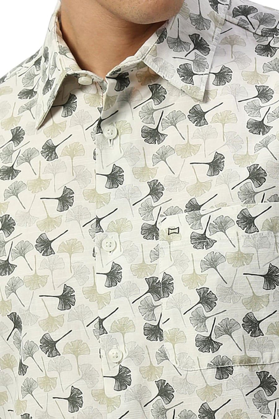 BASICS SLIM FIT ARCTIC BEIGE COTTON SLUB PRINTED SHIRT