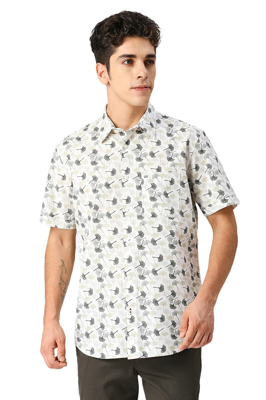 BASICS SLIM FIT ARCTIC BEIGE COTTON SLUB PRINTED HALFSLEEVES SHIRT
