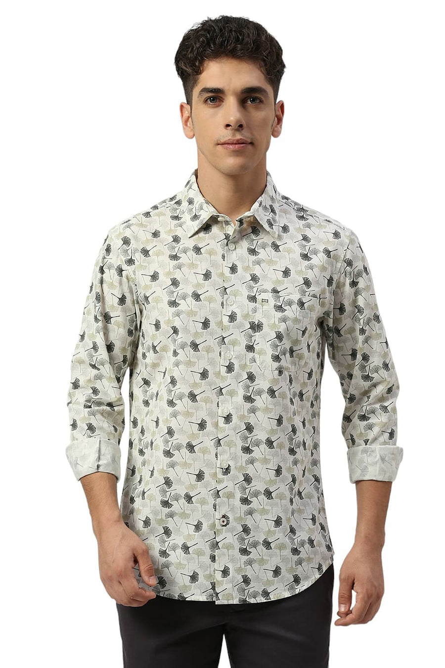 BASICS SLIM FIT ARCTIC BEIGE COTTON SLUB PRINTED SHIRT
