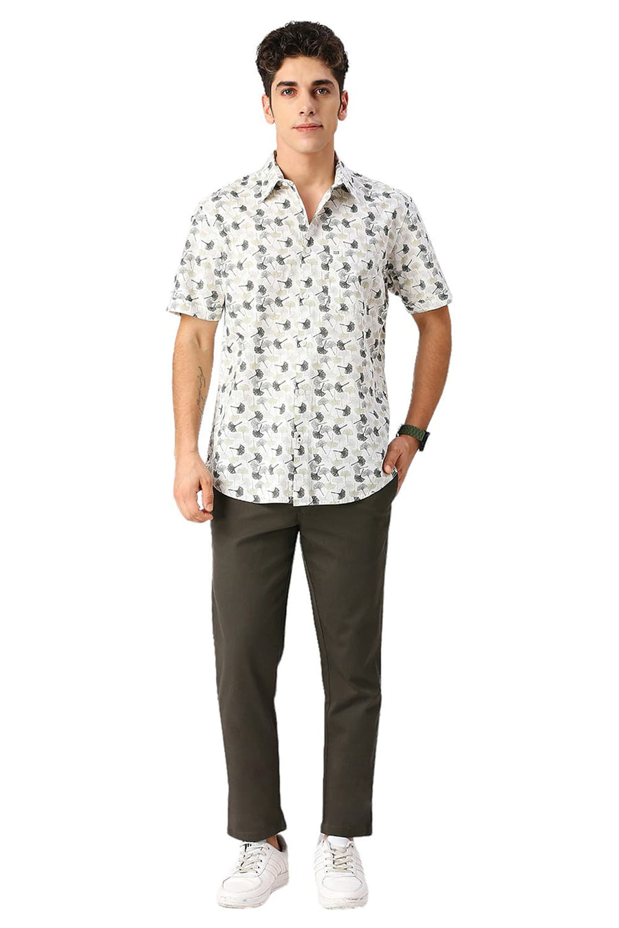 BASICS SLIM FIT ARCTIC BEIGE COTTON SLUB PRINTED HALFSLEEVES SHIRT
