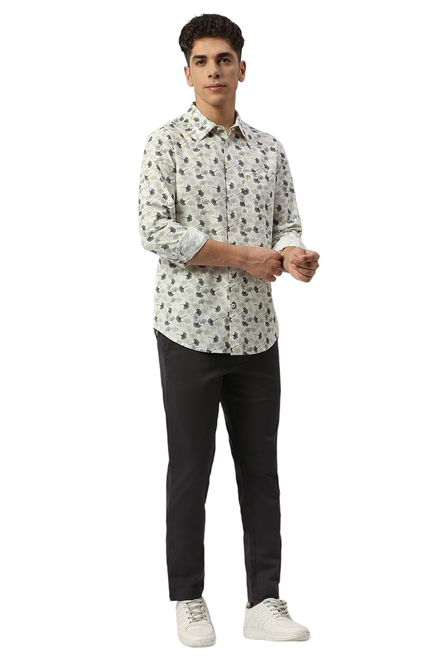 BASICS SLIM FIT ARCTIC BEIGE COTTON SLUB PRINTED SHIRT