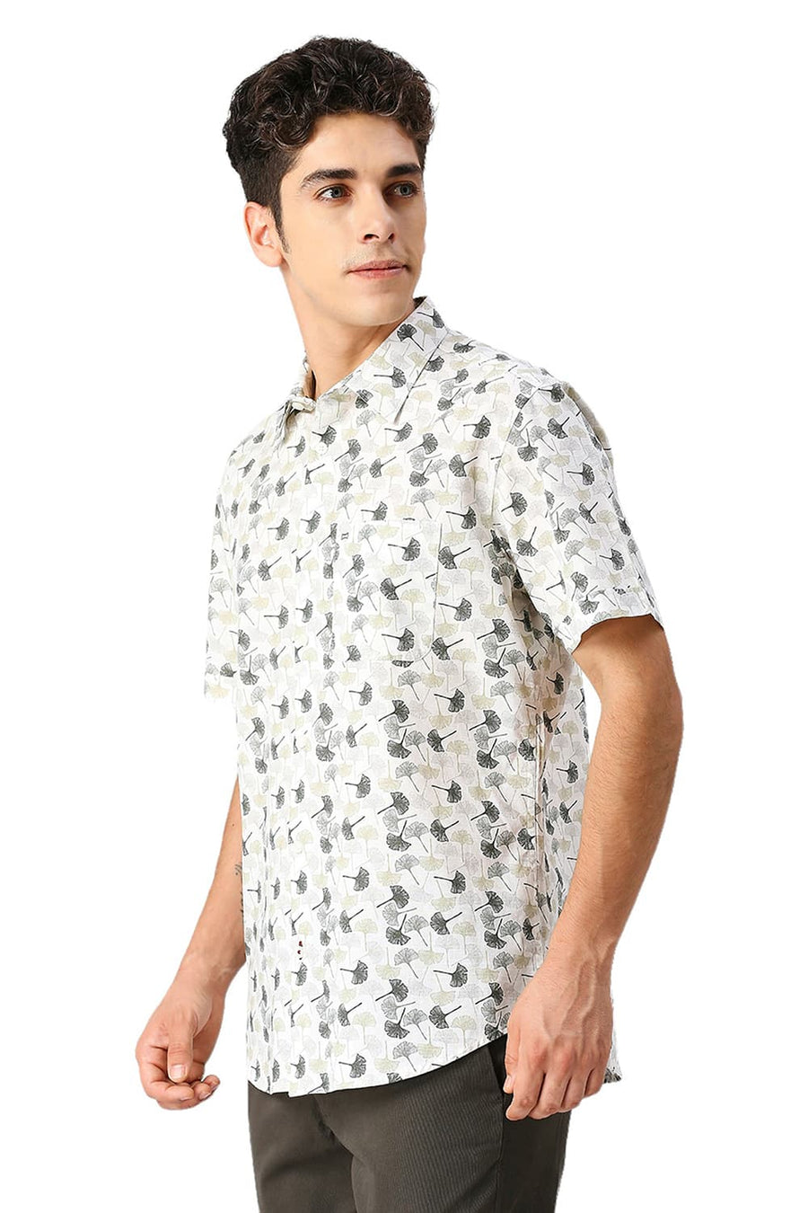 BASICS SLIM FIT ARCTIC BEIGE COTTON SLUB PRINTED HALFSLEEVES SHIRT
