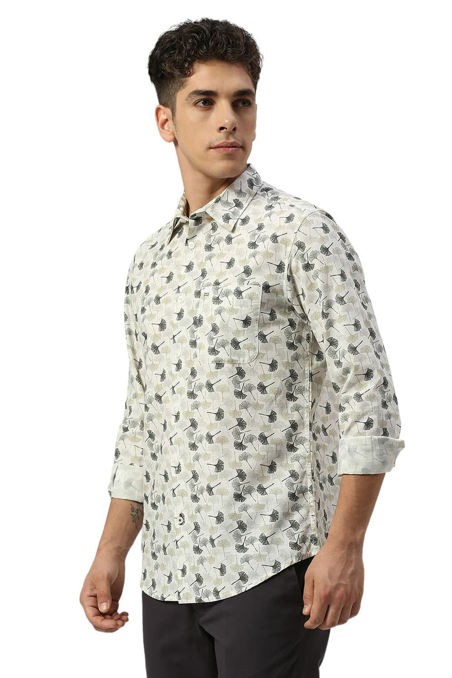 BASICS SLIM FIT ARCTIC BEIGE COTTON SLUB PRINTED SHIRT