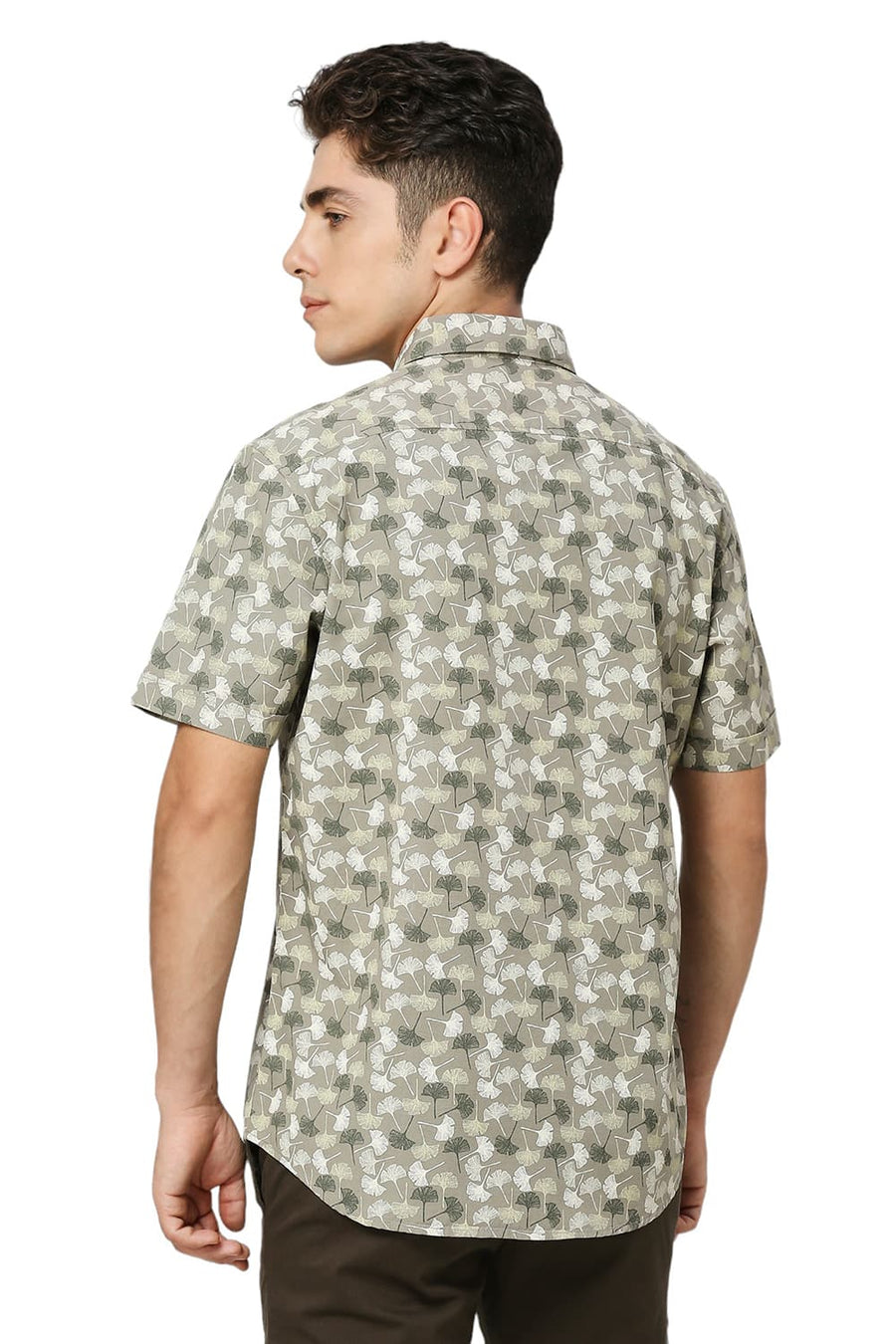 BASICS SLIM FIT KALAMATA OLIVE COTTON SLUB PRINTED HALFSLEEVES SHIRT