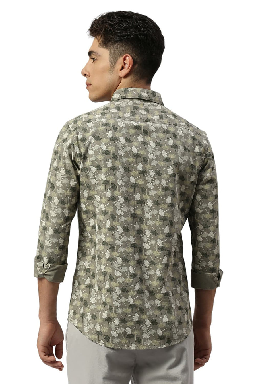 BASICS SLIM FIT KALAMATA OLIVE COTTON SLUB PRINTED SHIRT