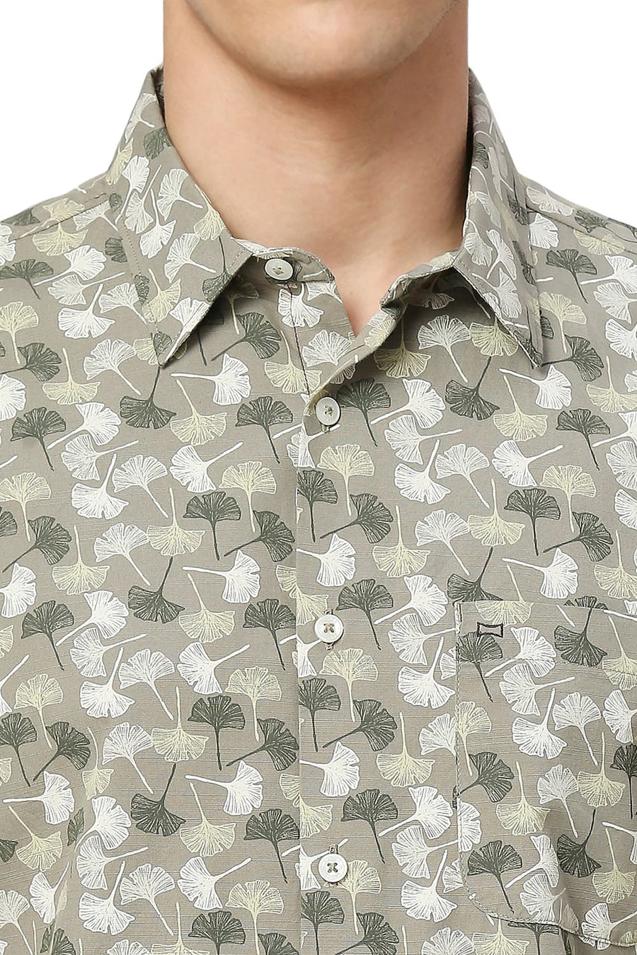 BASICS SLIM FIT KALAMATA OLIVE COTTON SLUB PRINTED HALFSLEEVES SHIRT