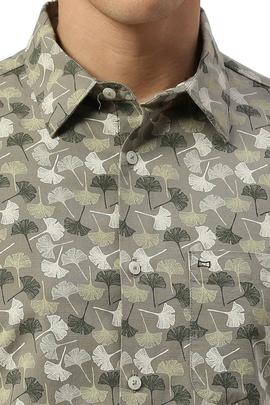 BASICS SLIM FIT KALAMATA OLIVE COTTON SLUB PRINTED SHIRT