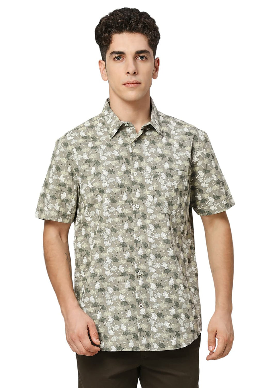 BASICS SLIM FIT KALAMATA OLIVE COTTON SLUB PRINTED HALFSLEEVES SHIRT