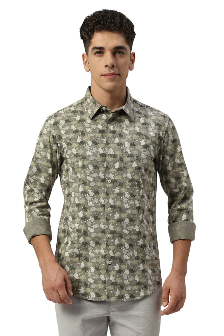 BASICS SLIM FIT KALAMATA OLIVE COTTON SLUB PRINTED SHIRT