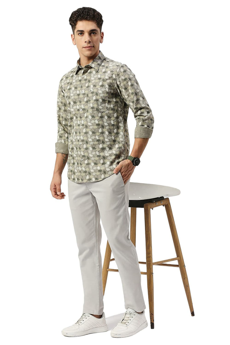 BASICS SLIM FIT KALAMATA OLIVE COTTON SLUB PRINTED SHIRT