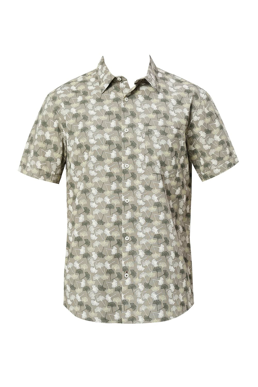 BASICS SLIM FIT KALAMATA OLIVE COTTON SLUB PRINTED HALFSLEEVES SHIRT