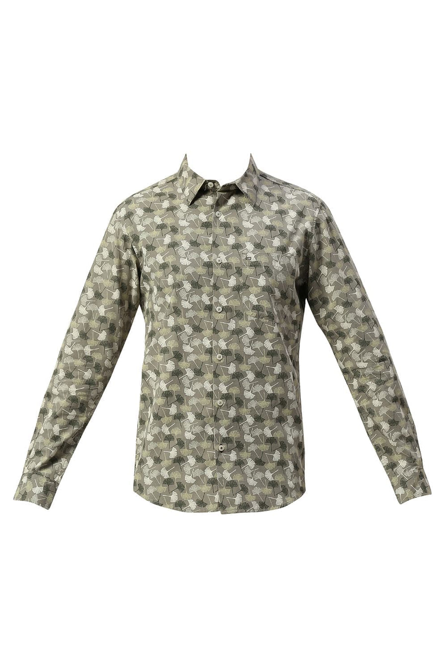 BASICS SLIM FIT KALAMATA OLIVE COTTON SLUB PRINTED SHIRT