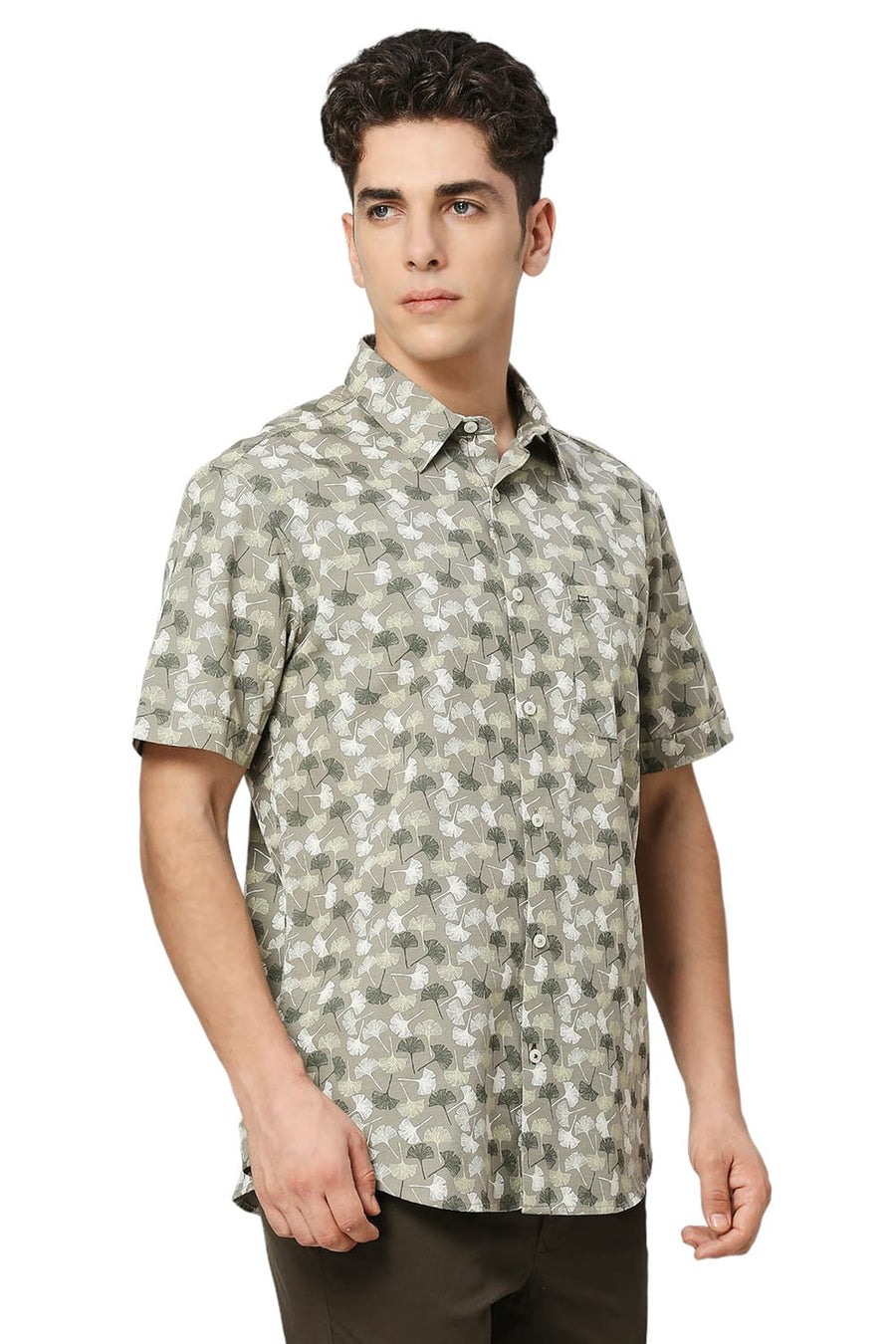 BASICS SLIM FIT KALAMATA OLIVE COTTON SLUB PRINTED HALFSLEEVES SHIRT