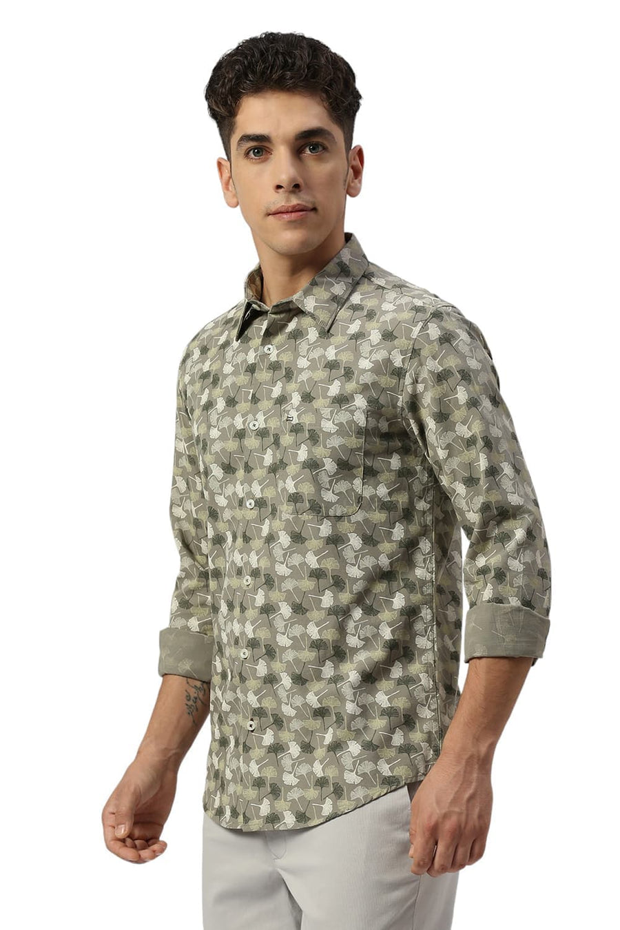 BASICS SLIM FIT KALAMATA OLIVE COTTON SLUB PRINTED SHIRT