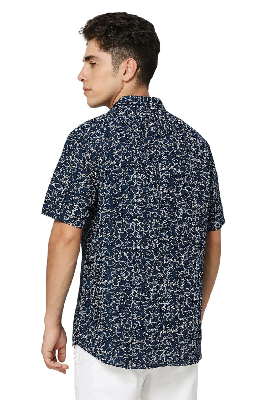 BASICS SLIM FIT TITAN NAVY VISCOSE LINEN PRINTED HALFSLEEVES SHIRT