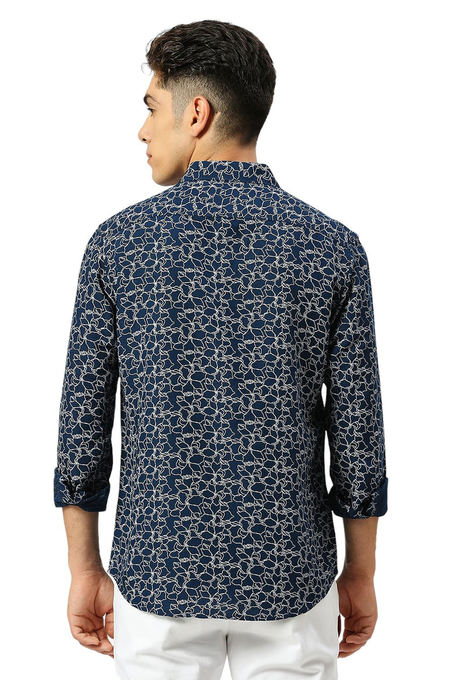 BASICS SLIM FIT TITAN NAVY VISCOSE LINEN PRINTED SHIRT