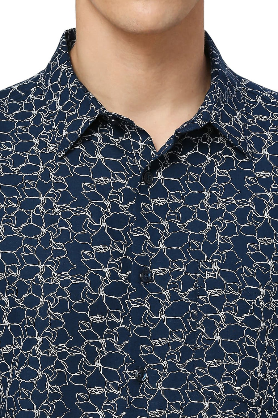 BASICS SLIM FIT TITAN NAVY VISCOSE LINEN PRINTED HALFSLEEVES SHIRT