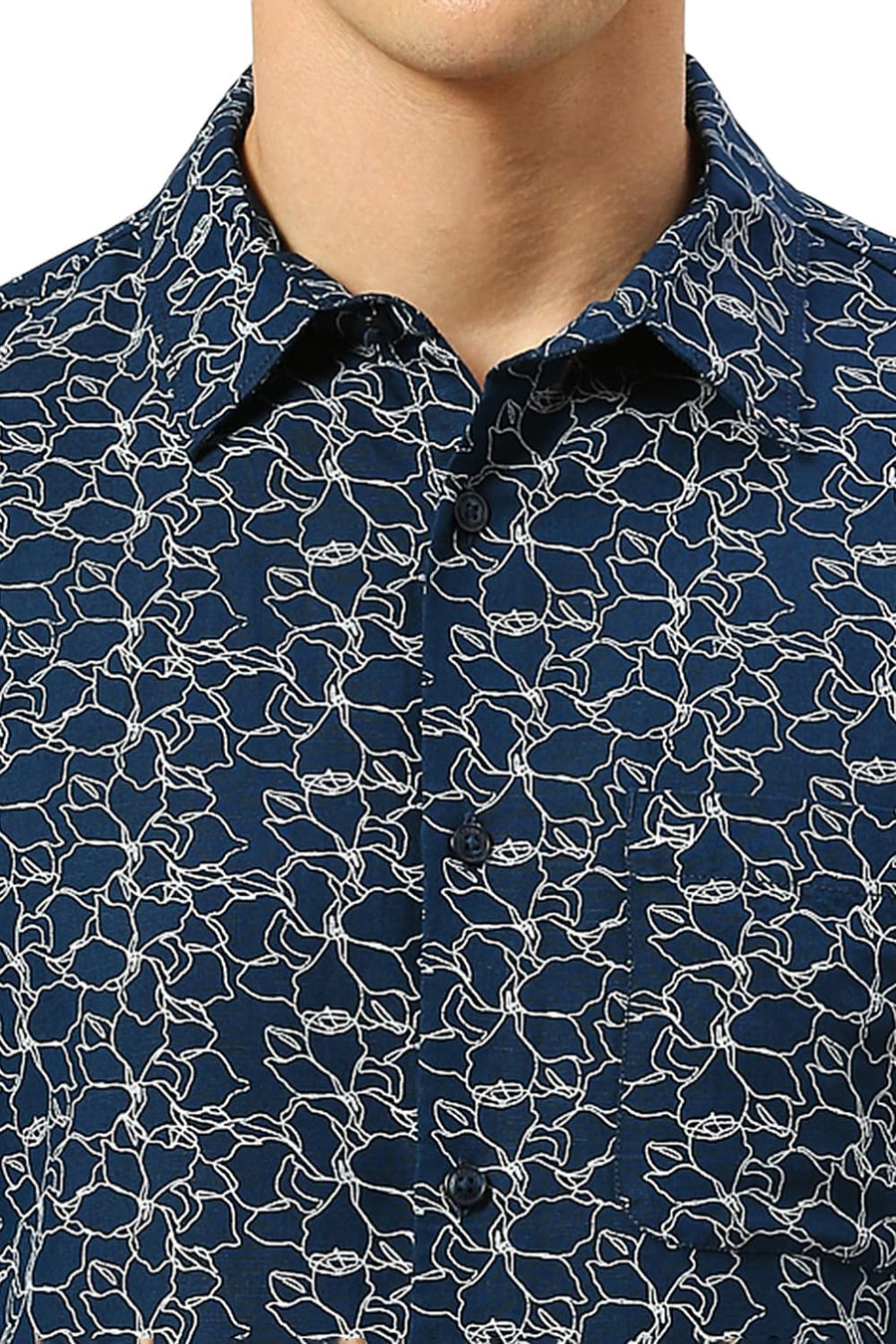 BASICS SLIM FIT TITAN NAVY VISCOSE LINEN PRINTED SHIRT