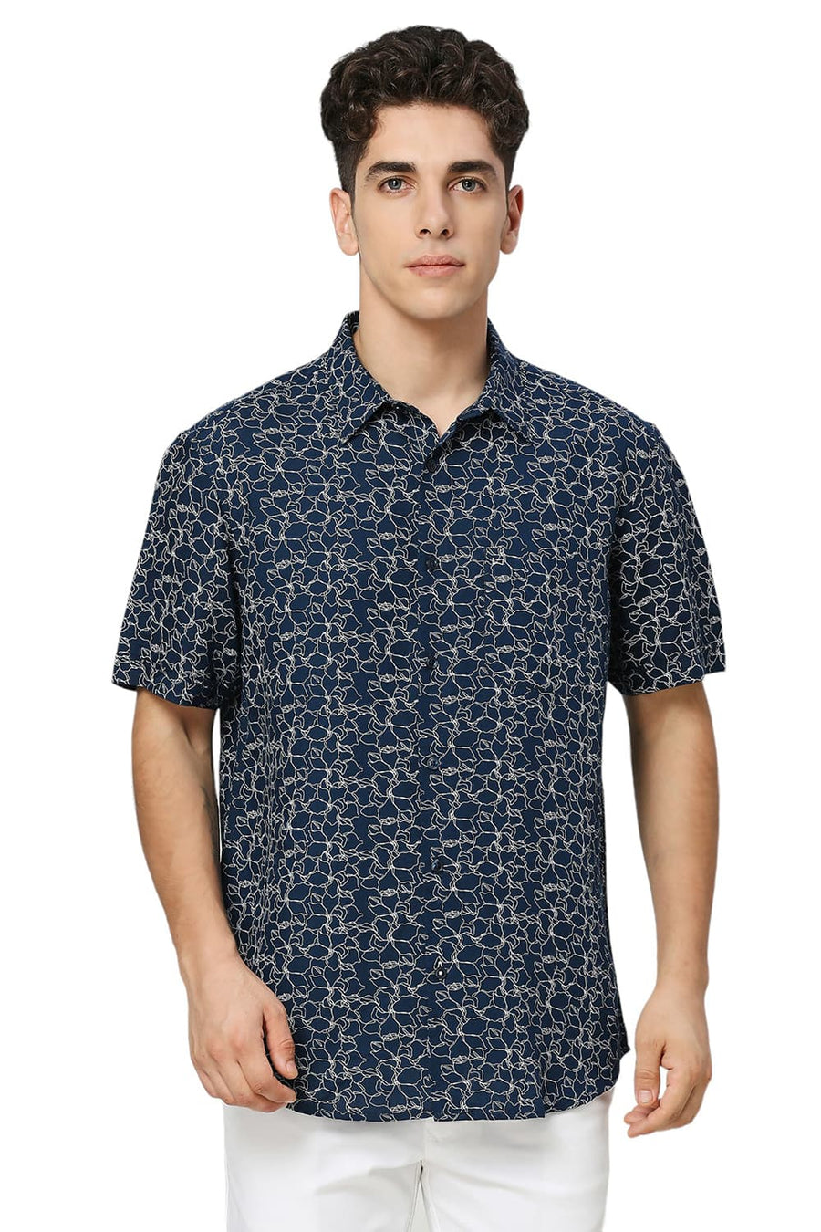 BASICS SLIM FIT TITAN NAVY VISCOSE LINEN PRINTED HALFSLEEVES SHIRT