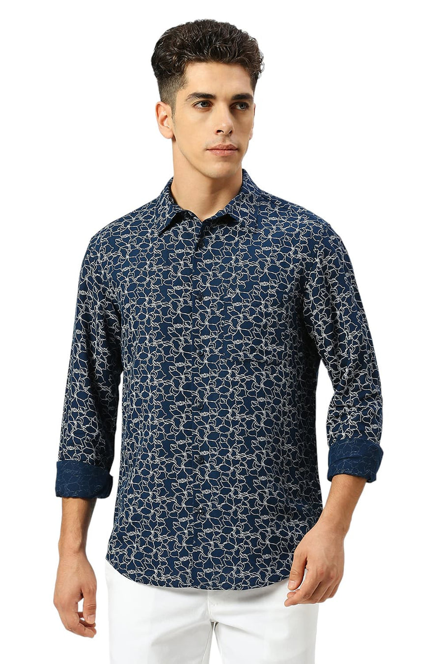 BASICS SLIM FIT TITAN NAVY VISCOSE LINEN PRINTED SHIRT