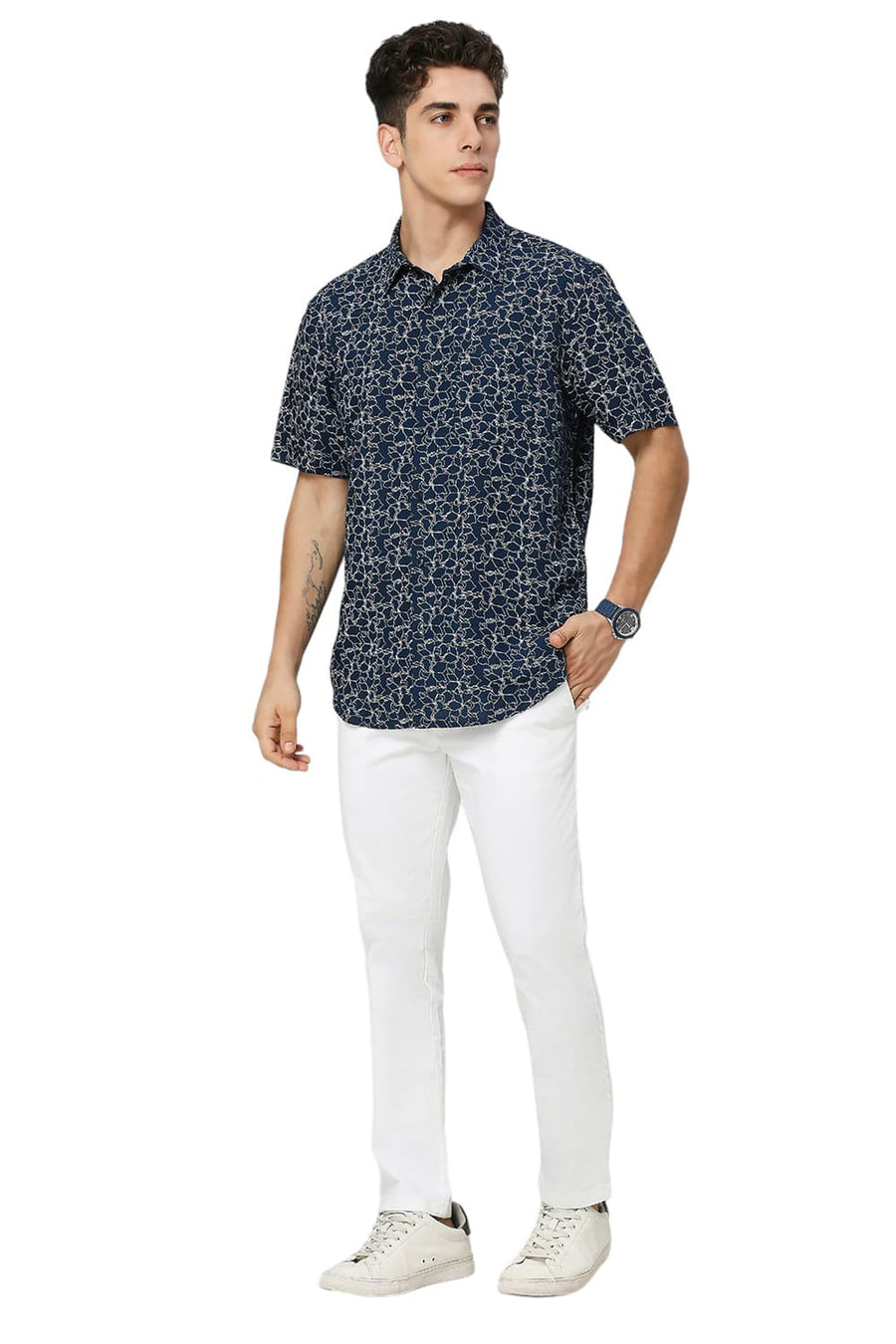 BASICS SLIM FIT TITAN NAVY VISCOSE LINEN PRINTED HALFSLEEVES SHIRT