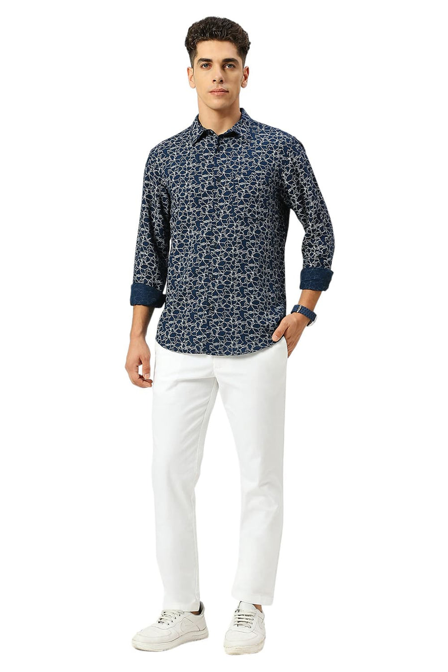 BASICS SLIM FIT TITAN NAVY VISCOSE LINEN PRINTED SHIRT
