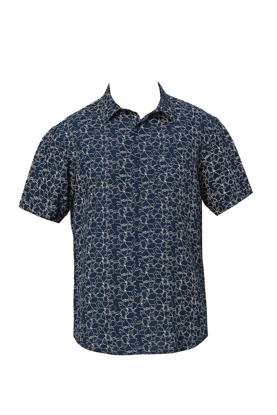 BASICS SLIM FIT TITAN NAVY VISCOSE LINEN PRINTED HALFSLEEVES SHIRT