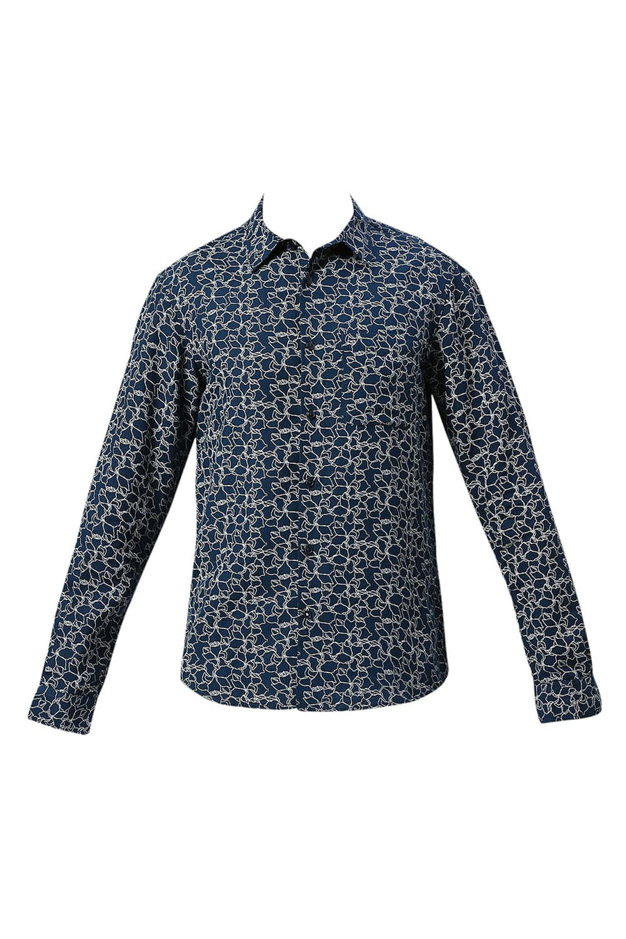 BASICS SLIM FIT TITAN NAVY VISCOSE LINEN PRINTED SHIRT