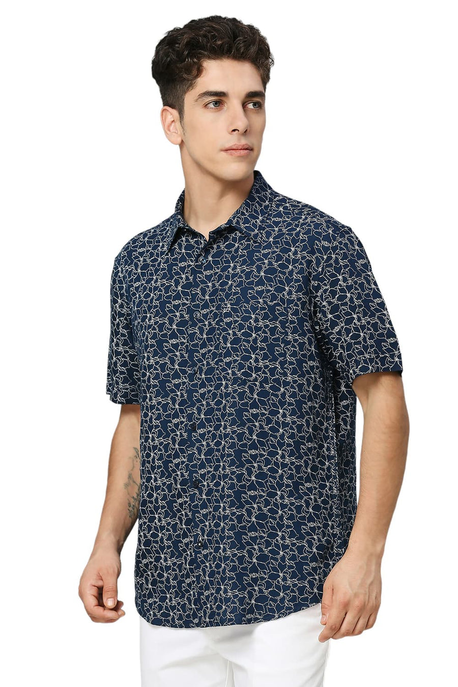 BASICS SLIM FIT TITAN NAVY VISCOSE LINEN PRINTED HALFSLEEVES SHIRT