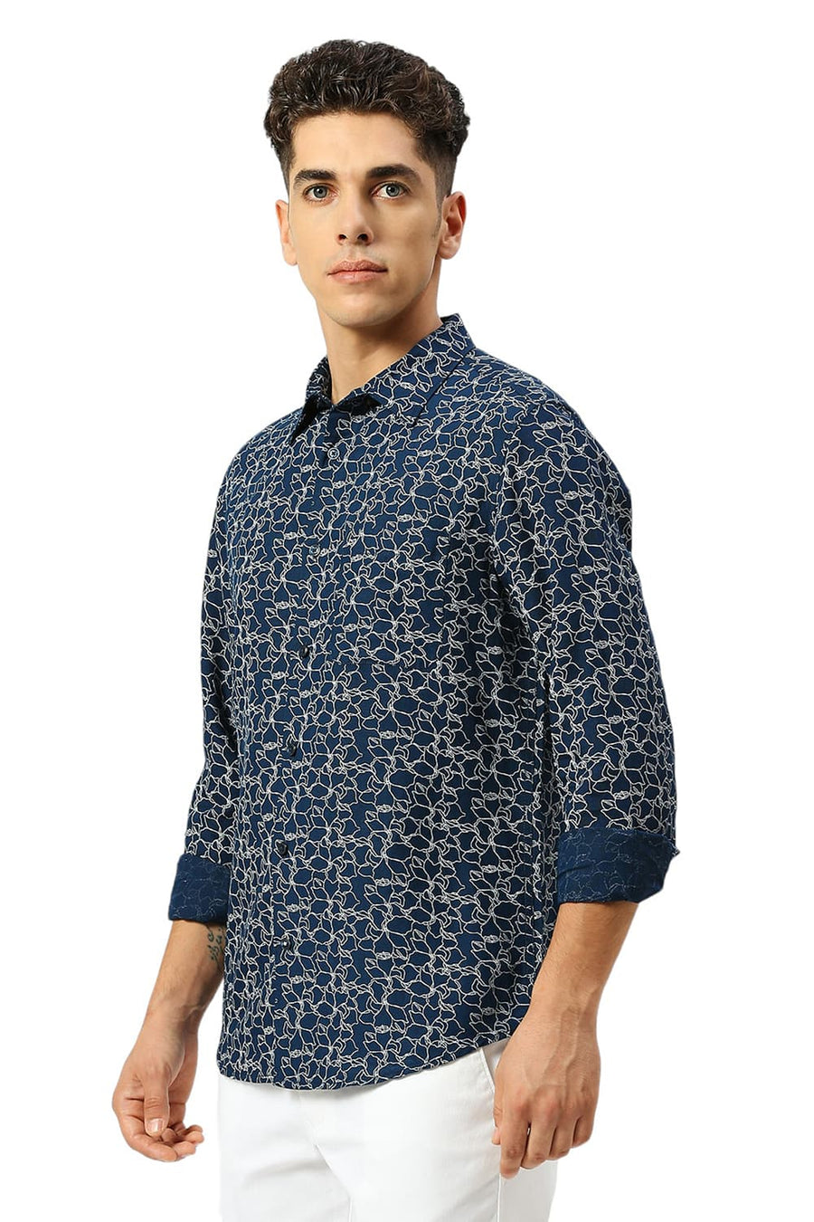 BASICS SLIM FIT TITAN NAVY VISCOSE LINEN PRINTED SHIRT