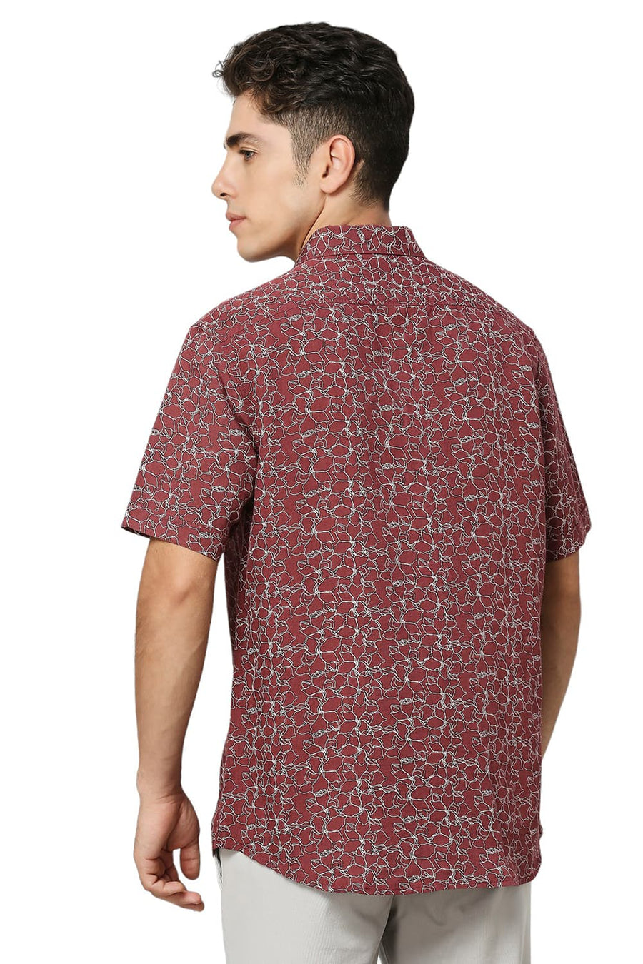 BASICS SLIM FIT PORT MAROON VISCOSE LINEN PRINTED HALFSLEEVES SHIRT