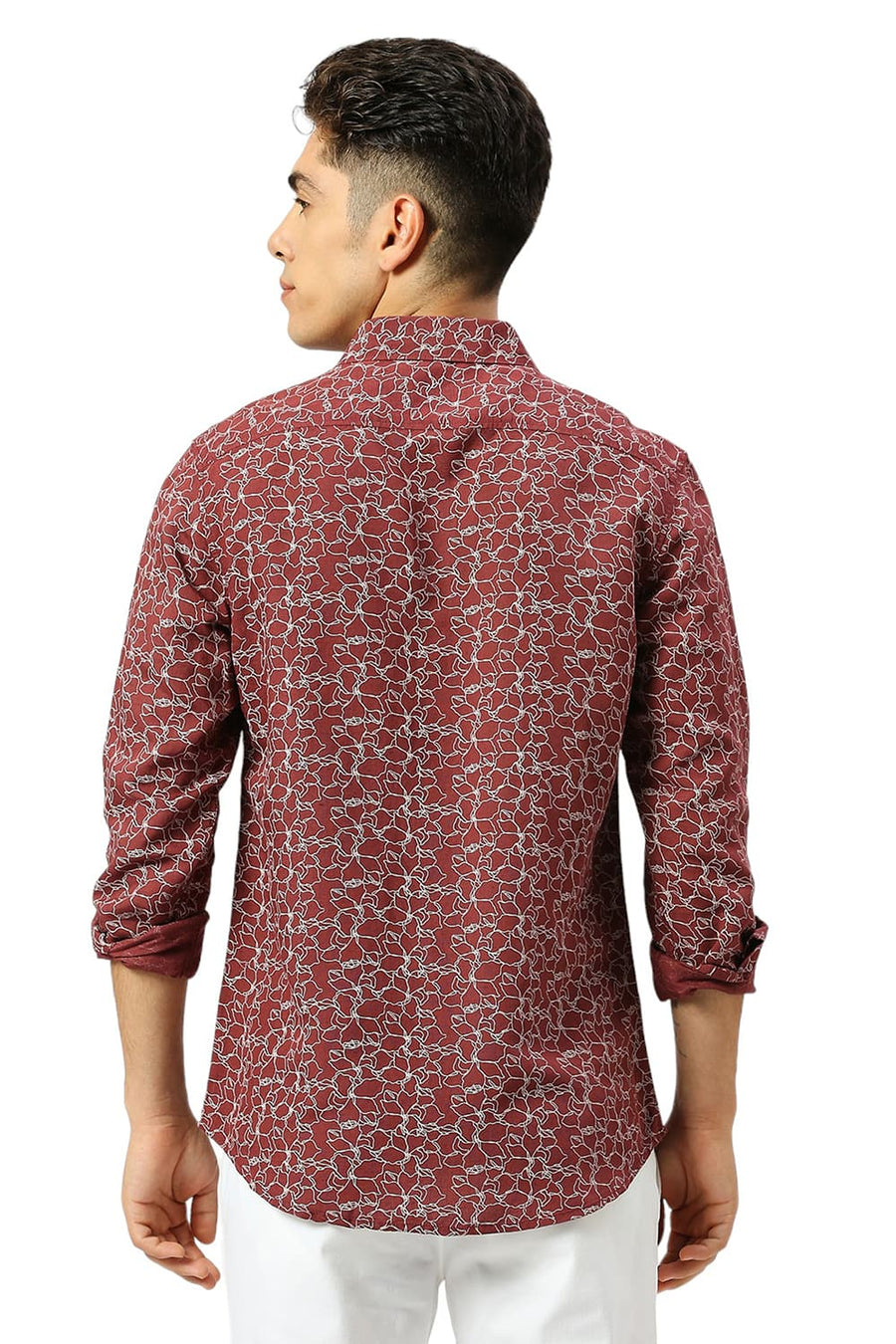 BASICS SLIM FIT PORT MAROON VISCOSE LINEN PRINTED SHIRT
