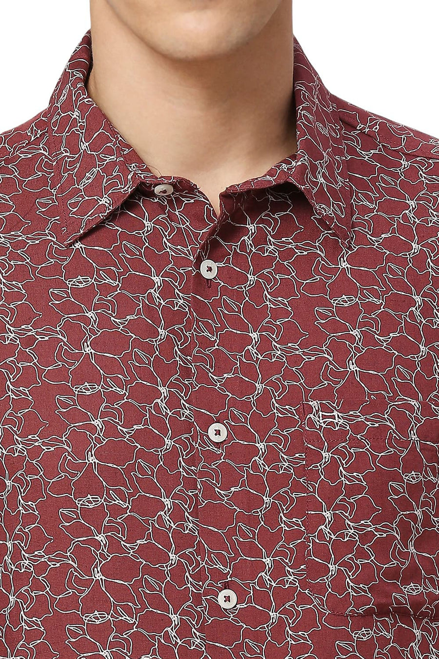 BASICS SLIM FIT PORT MAROON VISCOSE LINEN PRINTED HALFSLEEVES SHIRT