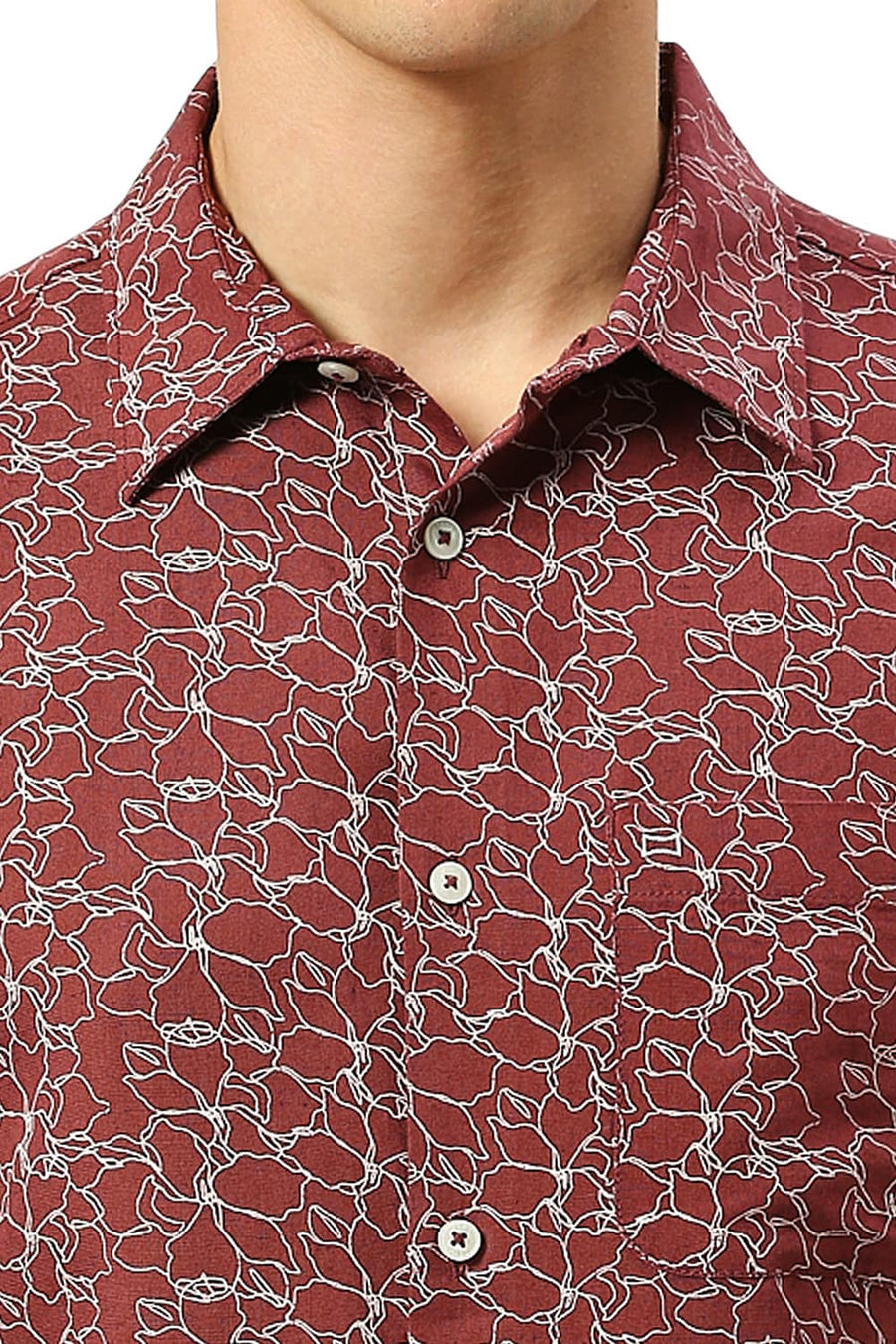 BASICS SLIM FIT PORT MAROON VISCOSE LINEN PRINTED SHIRT