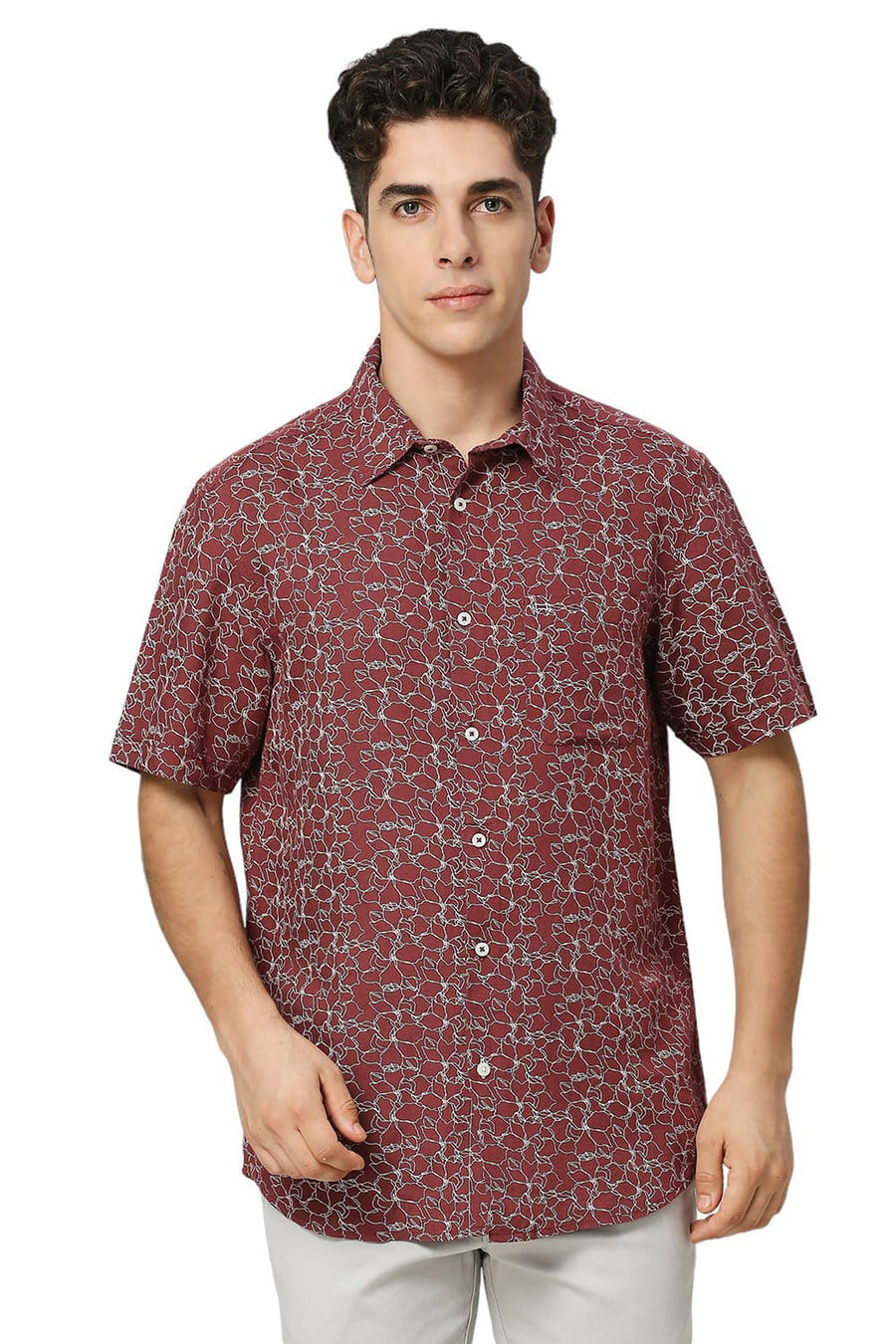 BASICS SLIM FIT PORT MAROON VISCOSE LINEN PRINTED HALFSLEEVES SHIRT