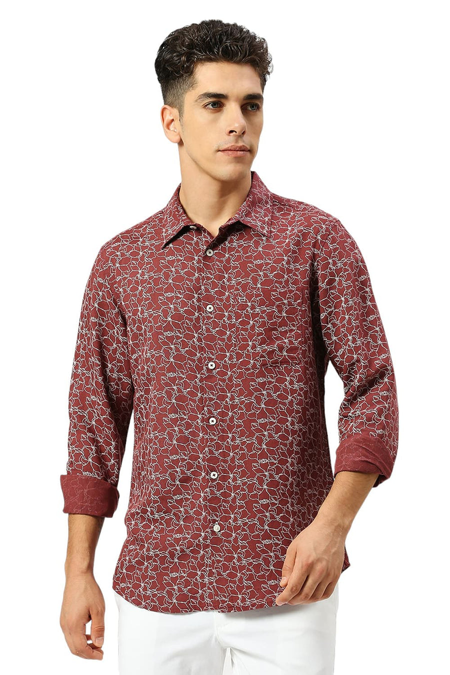 BASICS SLIM FIT PORT MAROON VISCOSE LINEN PRINTED SHIRT
