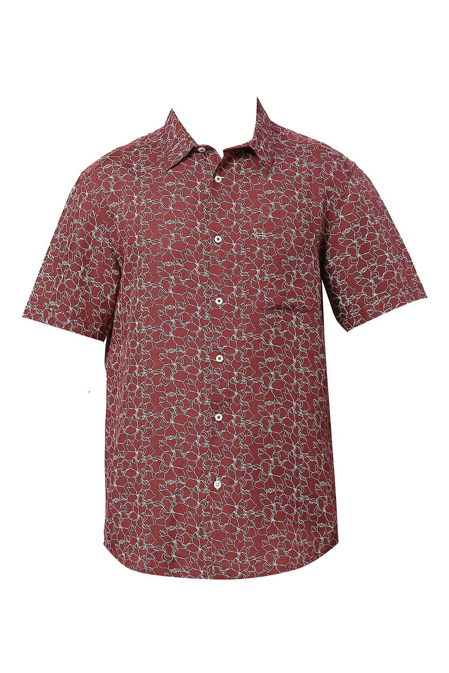 BASICS SLIM FIT PORT MAROON VISCOSE LINEN PRINTED HALFSLEEVES SHIRT